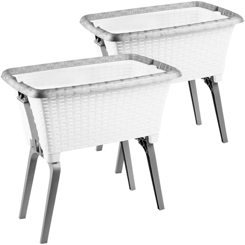 Sustania 2er Set Wäschekorb mit Beinen 60x40x26cm - Plastik Wäschewanne mit Stand-Automatik in Korboptik, ergonomisch erhöht, weiß, Made in EU von SUSTANIA