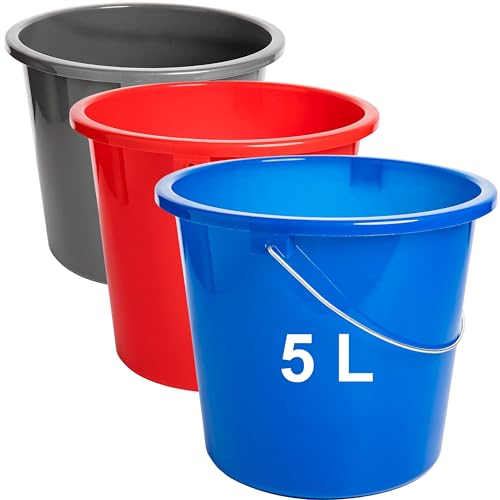 Sustania 3er Set Putzeimer 5L mit Messkala - Haushaltseimer aus Kunststoff in Blau, Rot und Dunkelgrau - Made in EU, Lebensmittelecht von SUSTANIA