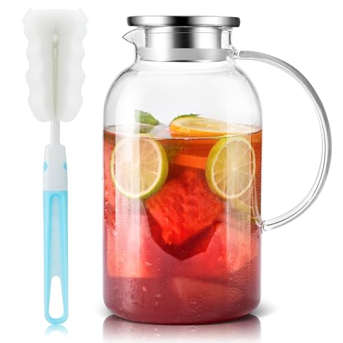 SUSTEAS 2.5 Liter 75oz Glaskaraffe mit Deckel, Leicht zu Reinigende Hitzebeständige Wasserkaraffe mit Griff für Heiße/Kalte Getränke - Wasser, Cold Brew, Eistee & Saft, Mit Bürste von SUSTEAS