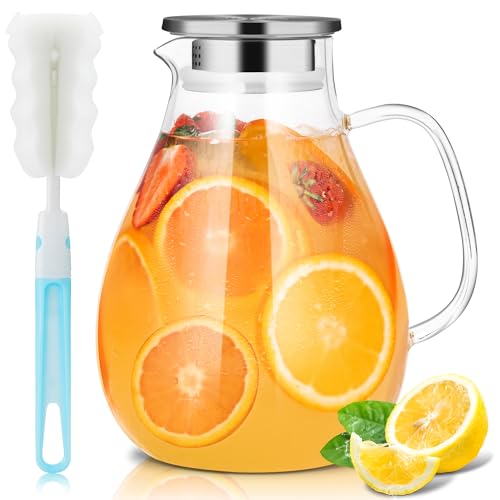 SUSTEAS 2.5 Liter 75oz Wasserkaraffe, Glaskaraffe mit Deckel und Breitem Griff, Leicht zu Reinigender Glas Karaffe für den Kühlschrank, Wasserkrug für Kaltes/Heißes Wasser, Eistee, Mit Bürste von SUSTEAS