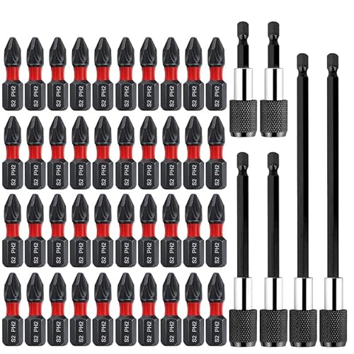 Bits für Schlagschrauber, Mehrzweck-Schnellschnallen-Set, 40-teiliges PH2-Schlag-Bit-Set, mit 6 schwarzen, selbstsichernden langen Verlängerungsstangen von SUSUMU