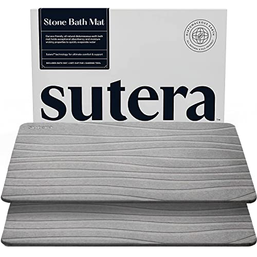 SUTERA - Stein Badematte, Kieselgur Duschmatte, rutschfest, super saugfähig, schnell trocknend, Badezimmer-Bodenmatte, natürlich, leicht zu reinigen (23,5 x 15 Grau, 2 Stück) von SUTERA