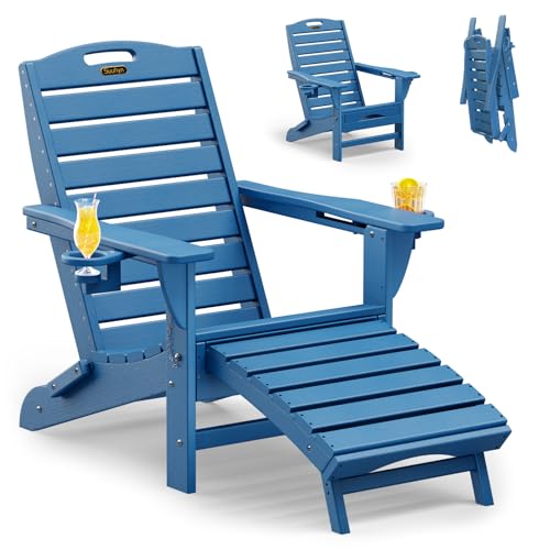 SUUNYN Adirondack Klappstuhl mit einziehbarem Ottomane, wetterbeständig, Feuerschalenstuhl, Terrassenstuhl mit 2 Getränkehaltern, Rasen, Outdoor, Loungesessel (Marineblau) von SUUNYN