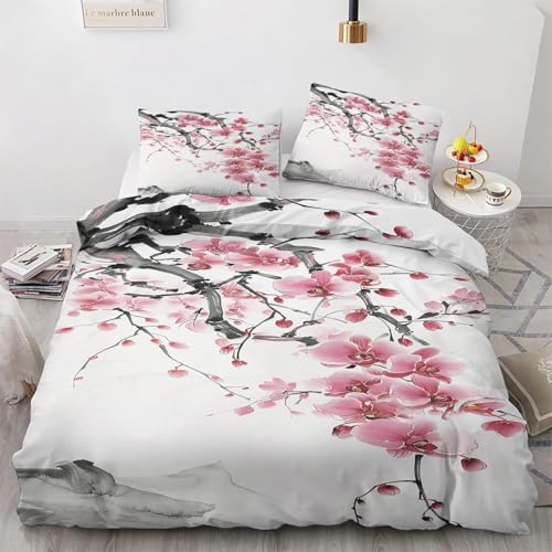 SUWALI Bettwäsche Kirschblüten 135x200, Japanisch Blumen Baum Motiv Bettbezug und 1 Kissenbezug 80x80 - Weiche Kuschelige Mikrofaser Wendebettwäsche 2tlg mit Reißverschluss, Allergiker Geeignet von SUWALI