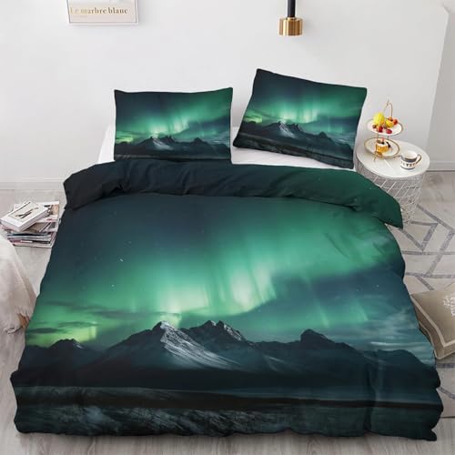 SUWALI Bettwäsche Polarlichter 140x200, Berg Aurora Nordlichter Motiv Bettbezug und 1 Kissenbezug 70x90 - Weiche Kuschelige Mikrofaser Wendebettwäsche 2tlg mit Reißverschluss, Allergiker Geeignet von SUWALI
