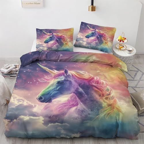 SUWALI Einhorn Bettwäsche 155x220, Fantasie Sternenhimmel Motiv Bettbezug und 1 Kissenbezug 80x80 - Weiche Kuschelige Mikrofaser Wendebettwäsche 2tlg mit Reißverschluss, Allergiker Geeignet von SUWALI