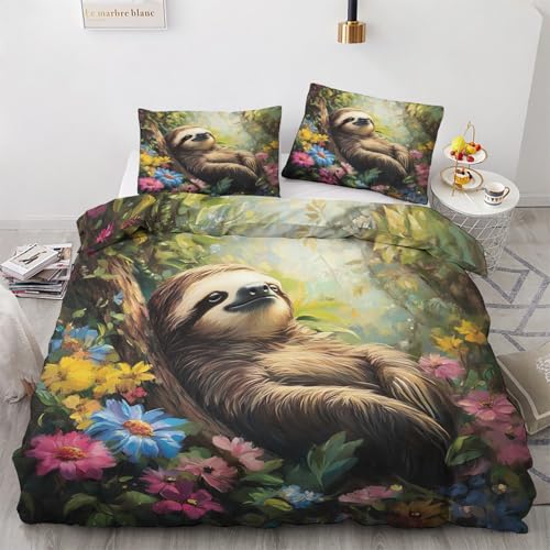 SUWALI Niedlich Faultier Bettwäsche 135x200, Dschungel Tier Motiv Bettbezug und 1 Kissenbezug 80x80 - Weiche Kuschelige Mikrofaser Wendebettwäsche 2tlg mit Reißverschluss, Allergiker Geeignet von SUWALI