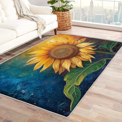 SUWALI Sonnenblume Teppich Wohnzimmer 160x200 cm, Teppich Schlafzimmer Blumen Carpet Kurzflor Weich Flauschig, Flanell rutschfest Waschbar Teppiche für Living Room von SUWALI