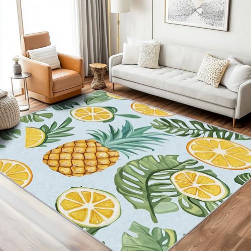 SUWALI Teppich Ananas, 60x90, Klein Fußmatte Eingangsbereich, Tropische Früchte Grünes Blatt Motiv Design Zimmer Deko, Waschbar, rutschfest, Kurzflor, Weich von SUWALI