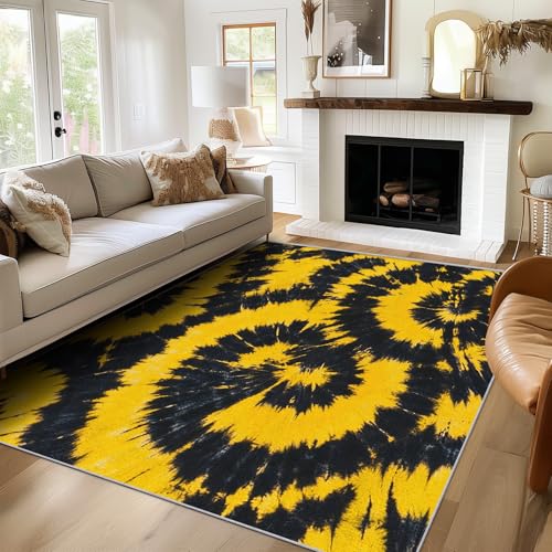 SUWALI Teppich Batik, 60x90, Klein Fußmatte Eingangsbereich, Schwarz Gelbe Spirale Motiv Design Zimmer Deko, Waschbar, rutschfest, Kurzflor, Weich SUWALI Teppich Batik, 60x90, Klein Fußmatte Eingangsbereich, Schwarz Gelbe Spirale Motiv Design Zimmer Deko, Waschbar, rutschfest, Kurzflor, Weich von SUWALI