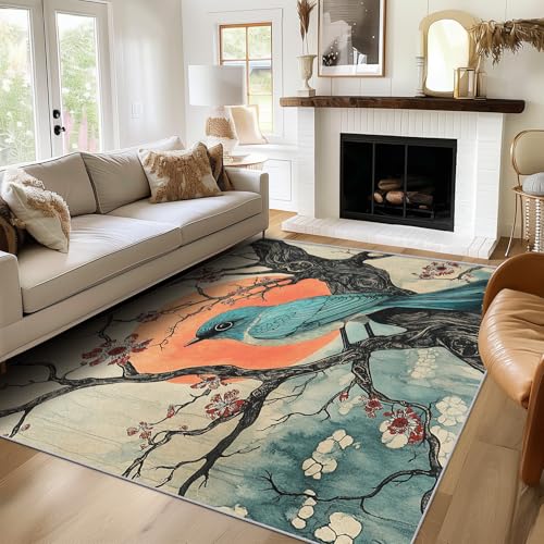 SUWALI Teppich Blauer Vogel, 60x90, Klein Fußmatte Eingangsbereich, Japanische Kirschblüte Motiv Design Zimmer Deko, Waschbar, rutschfest, Kurzflor, Weich von SUWALI