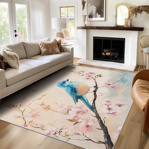 SUWALI Teppich Blauer Vogel Blumen, 60x90, Klein Fußmatte Eingangsbereich, Kirschblüte Motiv Design Zimmer Deko, Waschbar, rutschfest, Kurzflor, Weich von SUWALI