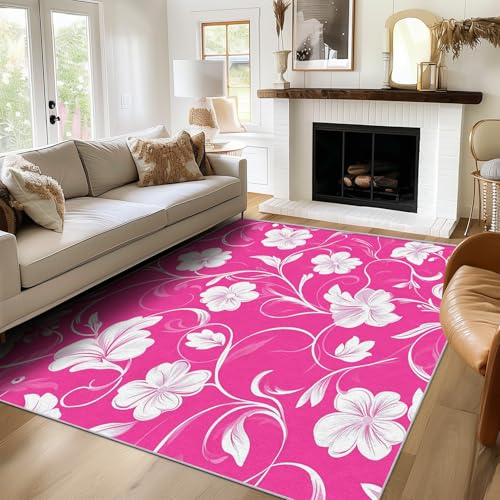 SUWALI Teppich Blumen, 60x90, Klein Fußmatte Eingangsbereich, Pink Weiß Motiv Design Zimmer Deko, Waschbar, rutschfest, Kurzflor, Weich SUWALI Teppich Blumen, 60x90, Klein Fußmatte Eingangsbereich, Pink Weiß Motiv Design Zimmer Deko, Waschbar, rutschfest, Kurzflor, Weich von SUWALI