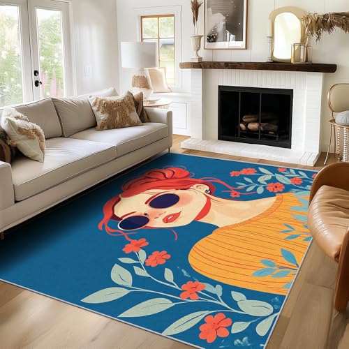 SUWALI Teppich Blumen Mädchen, 80x150, Wohnzimmer Schlafzimmer, Blau Orange Rot Motiv Design Zimmer Deko, Waschbar, rutschfest, Kurzflor, Weich von SUWALI