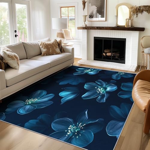 SUWALI Teppich Blumenmuster, 60x90, Klein Fußmatte Eingangsbereich, Dunkelblau Motiv Design Zimmer Deko, Waschbar, rutschfest, Kurzflor, Weich SUWALI Teppich Blumenmuster, 60x90, Klein Fußmatte Eingangsbereich, Dunkelblau Motiv Design Zimmer Deko, Waschbar, rutschfest, Kurzflor, Weich von SUWALI