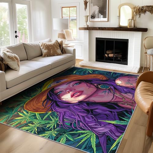SUWALI Teppich Boho Frau, 200x250, Wohnzimmer Schlafzimmer, Tropisches Marihuana Motiv Design Zimmer Deko, Waschbar, rutschfest, Kurzflor, Weich von SUWALI
