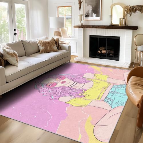 SUWALI Teppich Boho Mädchen, 80x150, Wohnzimmer Schlafzimmer, Pink Casual Mode Motiv Design Zimmer Deko, Waschbar, rutschfest, Kurzflor, Weich von SUWALI