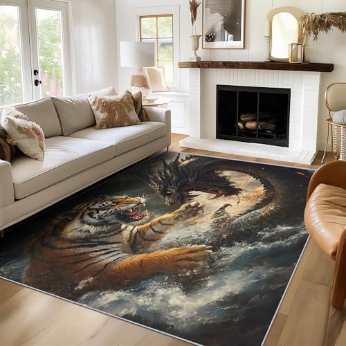 SUWALI Teppich Drache Gegen Tiger, 60x90, Klein Fußmatte Eingangsbereich, Fantasie Tier Motiv Design Zimmer Deko, Waschbar, rutschfest, Kurzflor, Weich von SUWALI