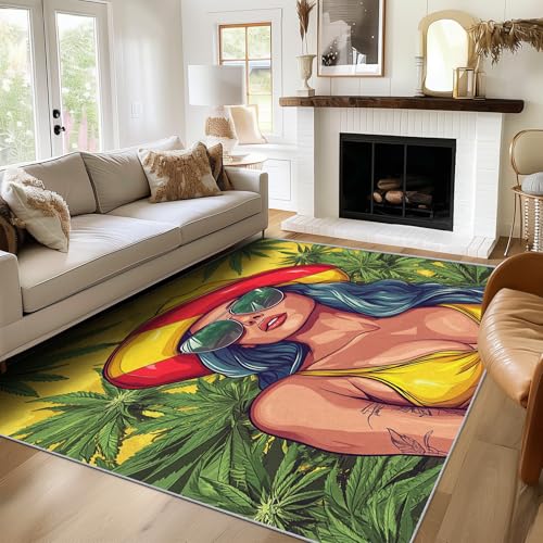 SUWALI Teppich Frau Tropisch, 60x90, Klein Fußmatte Eingangsbereich, Cannabis Gras Blätter Motiv Design Zimmer Deko, Waschbar, rutschfest, Kurzflor, Weich von SUWALI