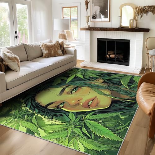 SUWALI Teppich Grünes Blatt Mädchen, 100x150, Wohnzimmer Schlafzimmer, Gras Marihuana Blätter Motiv Design Zimmer Deko, Waschbar, rutschfest, Kurzflor, Weich von SUWALI