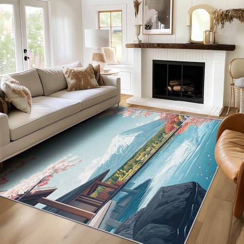 SUWALI Teppich Japan Berg Fuji, 60x90, Klein Fußmatte Eingangsbereich, Japanische Kirschblüte Motiv Design Zimmer Deko, Waschbar, rutschfest, Kurzflor, Weich von SUWALI