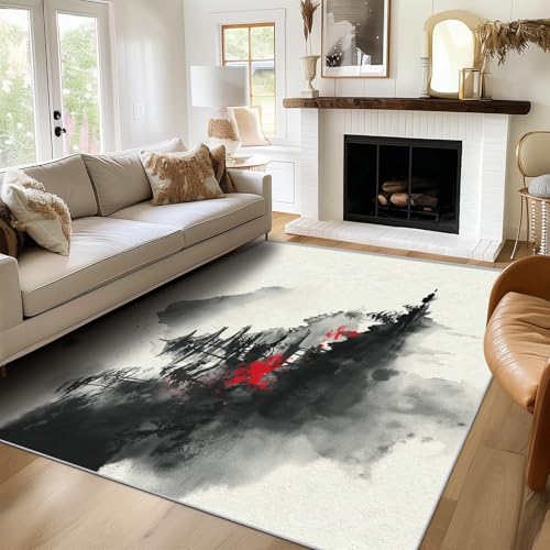 SUWALI Teppich Japanisch, 140x200, Wohnzimmer Schlafzimmer, Berg Landschaft Motiv Design Zimmer Deko, Waschbar, rutschfest, Kurzflor, Weich von SUWALI