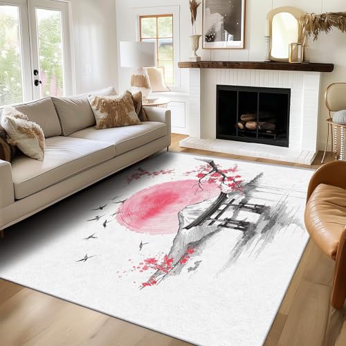 SUWALI Teppich Japanisch, 60x90, Klein Fußmatte Eingangsbereich, Torii Tor Kirschblüte Motiv Design Zimmer Deko, Waschbar, rutschfest, Kurzflor, Weich von SUWALI