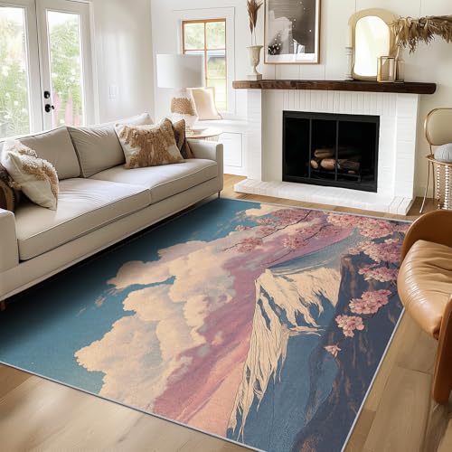 SUWALI Teppich Japanisch Berg Fuji, 60x90, Klein Fußmatte Eingangsbereich, Kirschblüte Motiv Design Zimmer Deko, Waschbar, rutschfest, Kurzflor, Weich von SUWALI