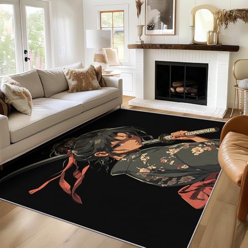 SUWALI Teppich Japanisches Kimono Mädchen, 200x200, Wohnzimmer Schlafzimmer, Samurai Anime Motiv Design Zimmer Deko, Waschbar, rutschfest, Kurzflor, Weich von SUWALI