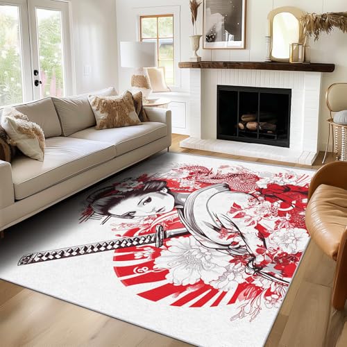 SUWALI Teppich Japanisches Kimono Mädchen, 80x150, Wohnzimmer Schlafzimmer, Rote Blumen Frau Motiv Design Zimmer Deko, Waschbar, rutschfest, Kurzflor, Weich von SUWALI