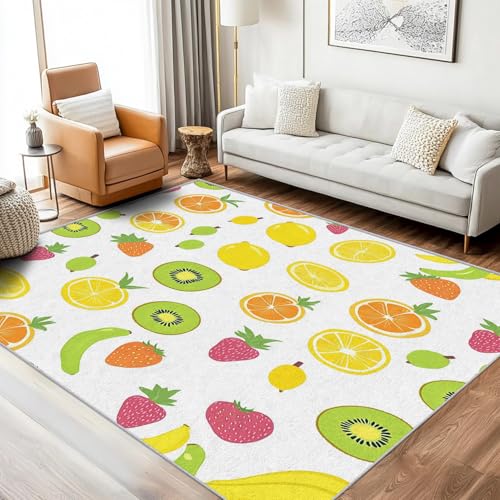 SUWALI Teppich Kinder Obst, 160x220, Wohnzimmer Schlafzimmer, Orange Kiwi Zitrone Motiv Design Zimmer Deko, Waschbar, rutschfest, Kurzflor, Weich von SUWALI
