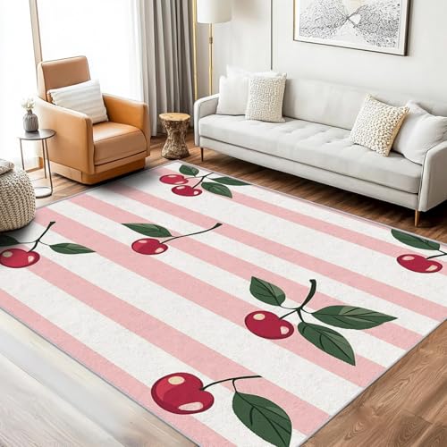SUWALI Teppich Kirsche, 60x90, Klein Fußmatte Eingangsbereich, Rosa Und Weiß Gestreift Motiv Design Zimmer Deko, Waschbar, rutschfest, Kurzflor, Weich von SUWALI