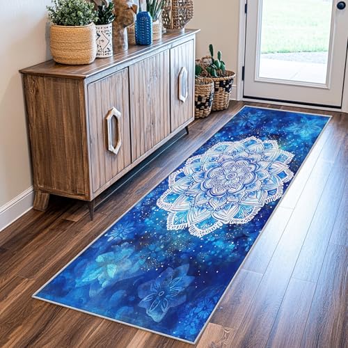 SUWALI Teppich Läufer Flur 60x180 cm Mandala, Bohème Blau Weiß Teppichläufer, rutschfest Waschbar Weich Kurzflor Flurläufer Flurteppich, Lang Läufer Teppich für Küche Korridor Eingang von SUWALI