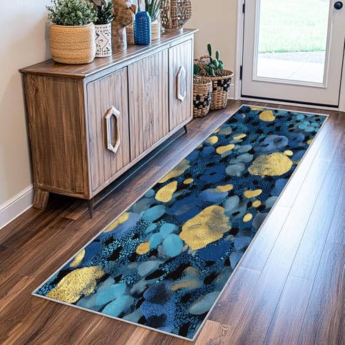 SUWALI Teppich Läufer Flur 60x180 cm Modern Abstrakt, Gold Und Blau Teppichläufer, rutschfest Waschbar Weich Kurzflor Flurläufer Flurteppich, Lang Läufer Teppich für Küche Korridor Eingang von SUWALI