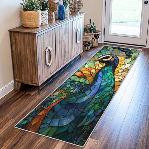 SUWALI Teppich Läufer Flur 60x180 cm Pfau, Buntglas Feder Teppichläufer, rutschfest Waschbar Weich Kurzflor Flurläufer Flurteppich, Lang Läufer Teppich für Küche Korridor Eingang von SUWALI