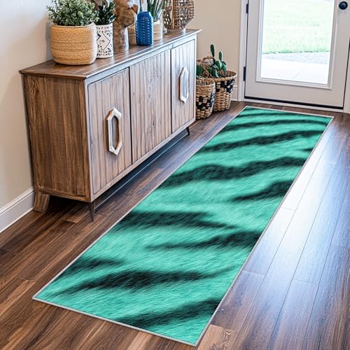 SUWALI Teppich Läufer Flur 60x180 cm Tigermuster, Aqua Gestreiftes Tier Teppichläufer, rutschfest Waschbar Weich Kurzflor Flurläufer Flurteppich, Lang Läufer Teppich für Küche Korridor Eingang von SUWALI
