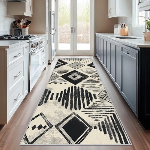 SUWALI Teppich Läufer Flur 60x200 cm Aztekisch, Navajo Schwarz Teppichläufer, rutschfest Waschbar Weich Kurzflor Flurläufer Flurteppich, Lang Läufer Teppich für Küche Korridor Eingang von SUWALI