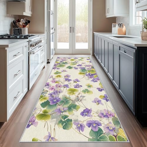 SUWALI Teppich Läufer Flur 60x200 cm Violett, Lila Grün Floral Botanisch Teppichläufer, rutschfest Waschbar Weich Kurzflor Flurläufer Flurteppich, Lang Läufer Teppich für Küche Korridor Eingang von SUWALI