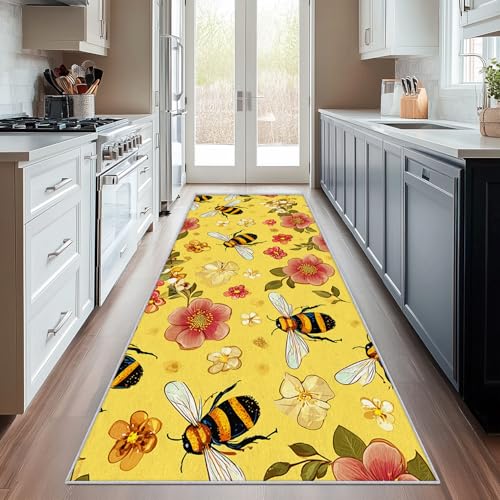 SUWALI Teppich Läufer Flur 80x200 cm Biene Und Blume, Gelb Teppichläufer, rutschfest Waschbar Weich Kurzflor Flurläufer Flurteppich, Lang Läufer Teppich für Küche Korridor Eingang von SUWALI