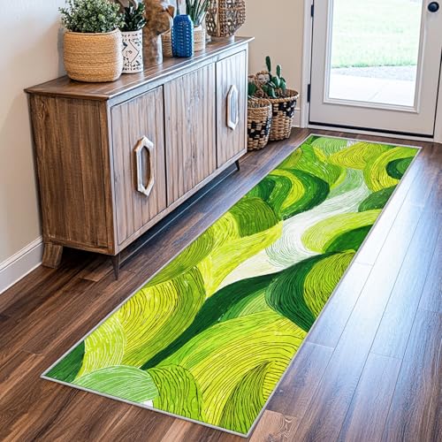 SUWALI Teppich Läufer Flur 80x200 cm Grün Abstrakt, Boho Modern Teppichläufer, rutschfest Waschbar Weich Kurzflor Flurläufer Flurteppich, Lang Läufer Teppich für Küche Korridor Eingang von SUWALI