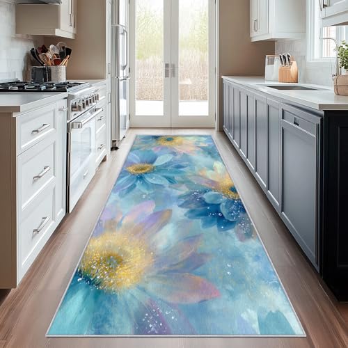 SUWALI Teppich Läufer Flur 80x250 cm Blaues Gänseblümchen, Aquarell Blume Teppichläufer, rutschfest Waschbar Weich Kurzflor Flurläufer Flurteppich, Lang Läufer Teppich für Küche Korridor Eingang von SUWALI