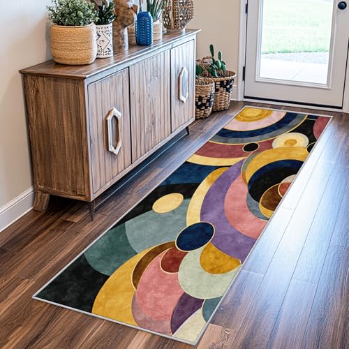SUWALI Teppich Läufer Flur 80x250 cm Retro Abstrakt, Bunt Böhmisch Teppichläufer, rutschfest Waschbar Weich Kurzflor Flurläufer Flurteppich, Lang Läufer Teppich für Küche Korridor Eingang von SUWALI