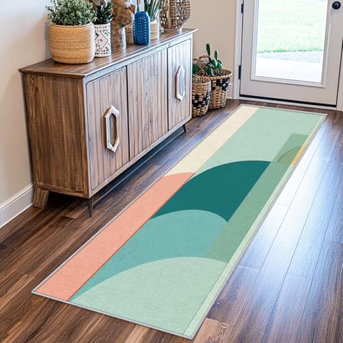 SUWALI Teppich Läufer Flur 80x300 cm Modern Abstrakt, Mintgrün Pfirsich Teppichläufer, rutschfest Waschbar Weich Kurzflor Flurläufer Flurteppich, Lang Läufer Teppich für Küche Korridor Eingang von SUWALI