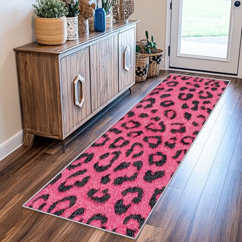 SUWALI Teppich Läufer Flur 80x300 cm Rosa Gepardenmuster, Leopardenflecken Teppichläufer, rutschfest Waschbar Weich Kurzflor Flurläufer Flurteppich, Lang Läufer Teppich für Küche Korridor Eingang von SUWALI