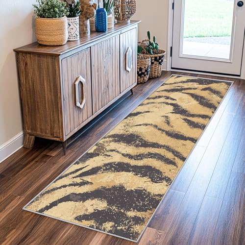 SUWALI Teppich Läufer Flur 80x300 cm Tiger Streifen, Brauner Tierdruck Teppichläufer, rutschfest Waschbar Weich Kurzflor Flurläufer Flurteppich, Lang Läufer Teppich für Küche Korridor Eingang von SUWALI