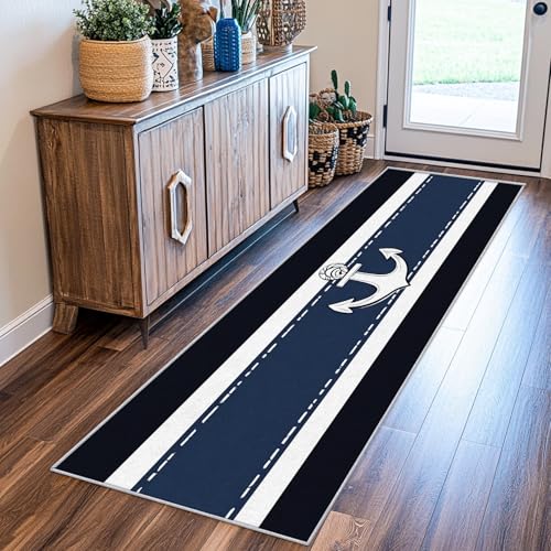 SUWALI Teppich Läufer Flur 90x200 cm Anker, Nautisch Küstennah Segler Teppichläufer, rutschfest Waschbar Weich Kurzflor Flurläufer Flurteppich, Lang Läufer Teppich für Küche Korridor Eingang von SUWALI