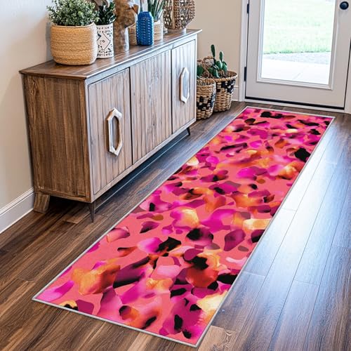SUWALI Teppich Läufer Flur 90x200 cm Rosa Abstrakt, Mode Tierflecken Teppichläufer, rutschfest Waschbar Weich Kurzflor Flurläufer Flurteppich, Lang Läufer Teppich für Küche Korridor Eingang von SUWALI