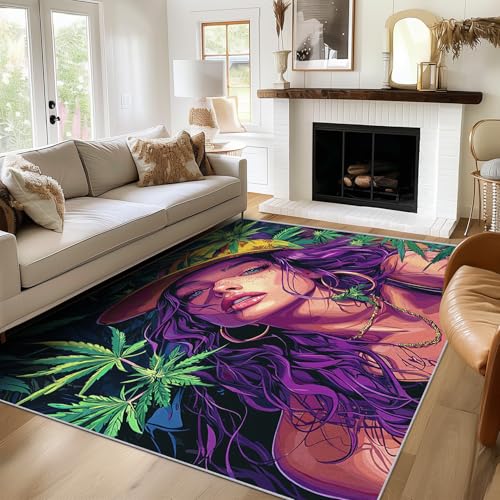 SUWALI Teppich Mädchen Cannabis Blatt, 100x150, Wohnzimmer Schlafzimmer, Gras Boho Frau Motiv Design Zimmer Deko, Waschbar, rutschfest, Kurzflor, Weich von SUWALI