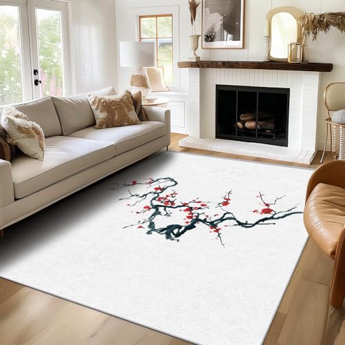 SUWALI Teppich Minimalistische Pflaumenblüte, 60x90, Klein Fußmatte Eingangsbereich, Rot Blumen Zweig Motiv Design Zimmer Deko, Waschbar, rutschfest, Kurzflor, Weich von SUWALI