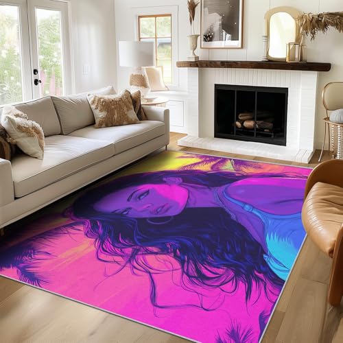 SUWALI Teppich Neon Frau, 60x90, Klein Fußmatte Eingangsbereich, Retro 80Er Motiv Design Zimmer Deko, Waschbar, rutschfest, Kurzflor, Weich von SUWALI